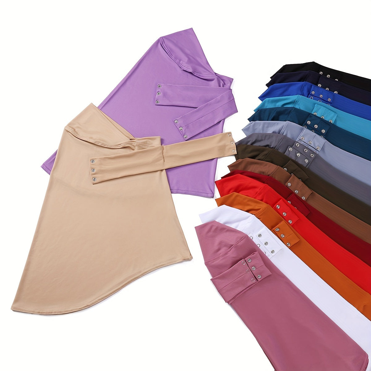 Ayollar uchun polyester sport hijabi, tugma bilan bosilgan chin qopqog'i va to'liq boshqovak, bir xil rangda