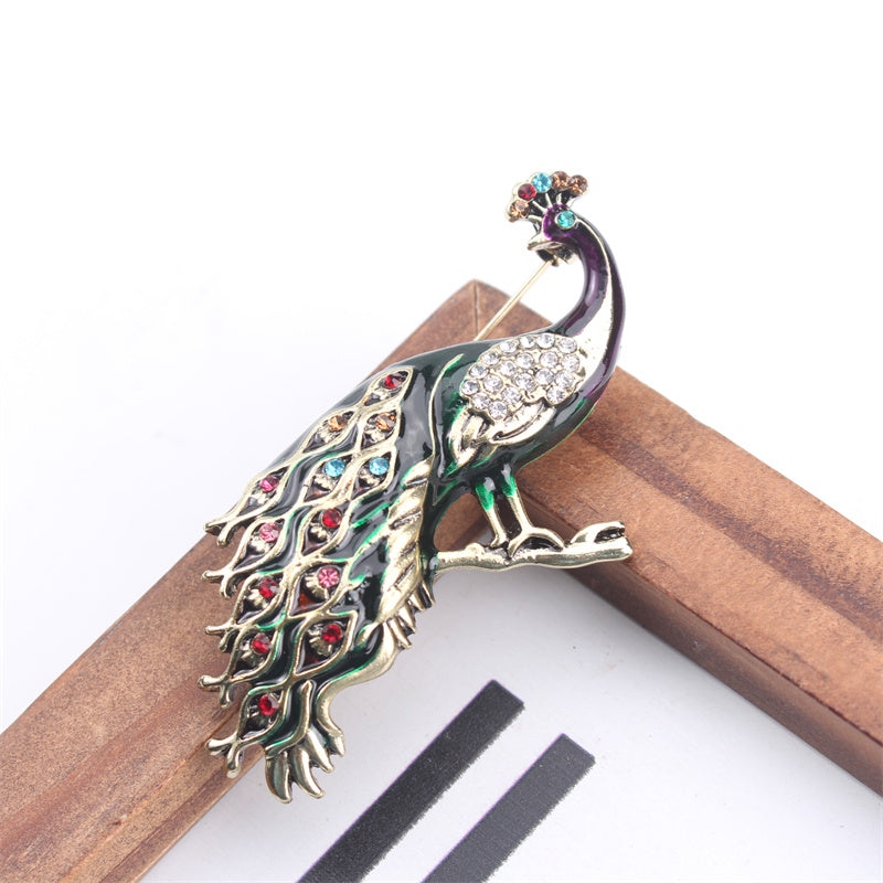 Elegant Peacock Brooch Pin Enamel Rhinestones Animal Shaped Jewelry for Hanfu Cheongsam Events