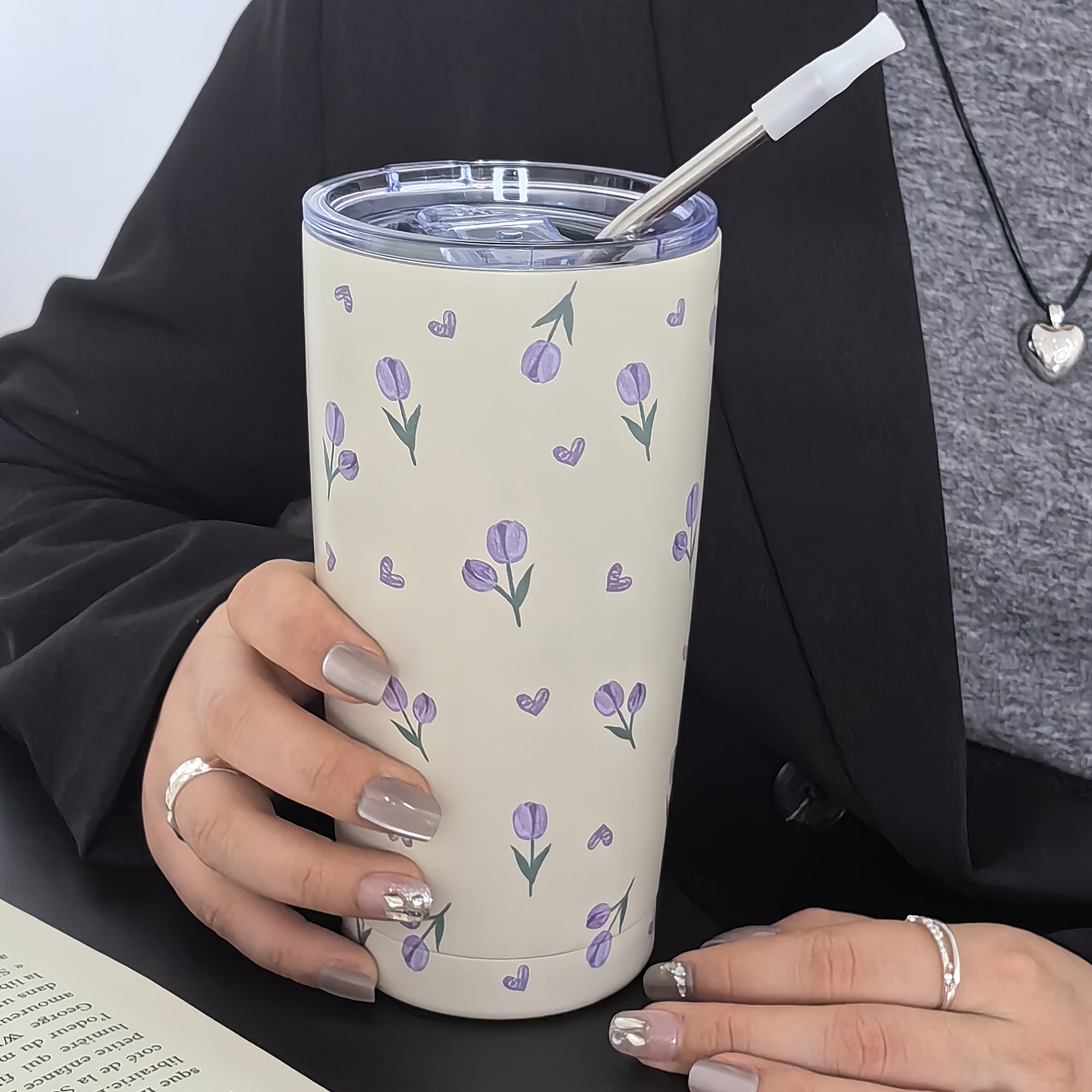 Purple Love Tulip Tumbler 16oz Double Walled Stainless Steel Water Bottle Travel Drinkware