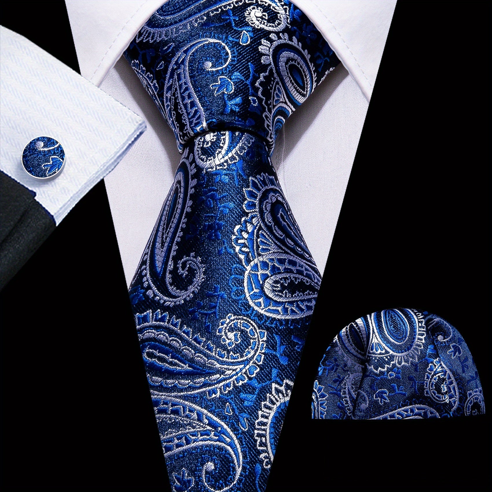 Men's Green Paisley Jacquard Tie Set with Pocket Square and Cufflinks for Weddings and Parties