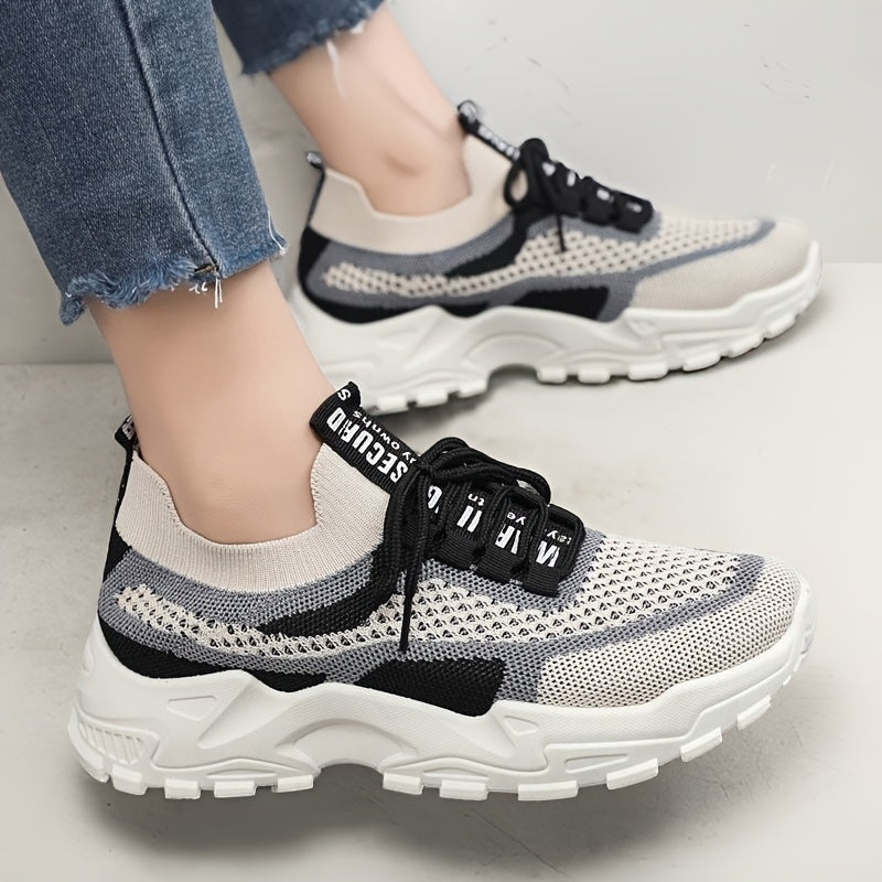 Women's Knit Sneakers Color-Block Low-Top Running Shoes Lightweght Fabric