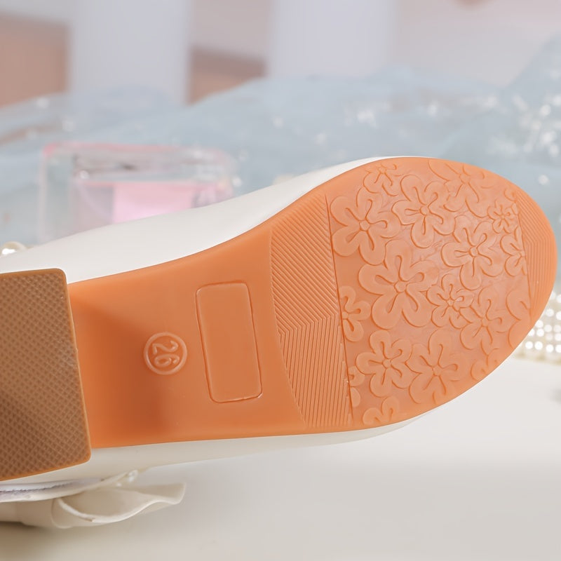 Girls' White Synthetic Pearl Embellished Dress Shoes with Bowknot and Chunky Heel