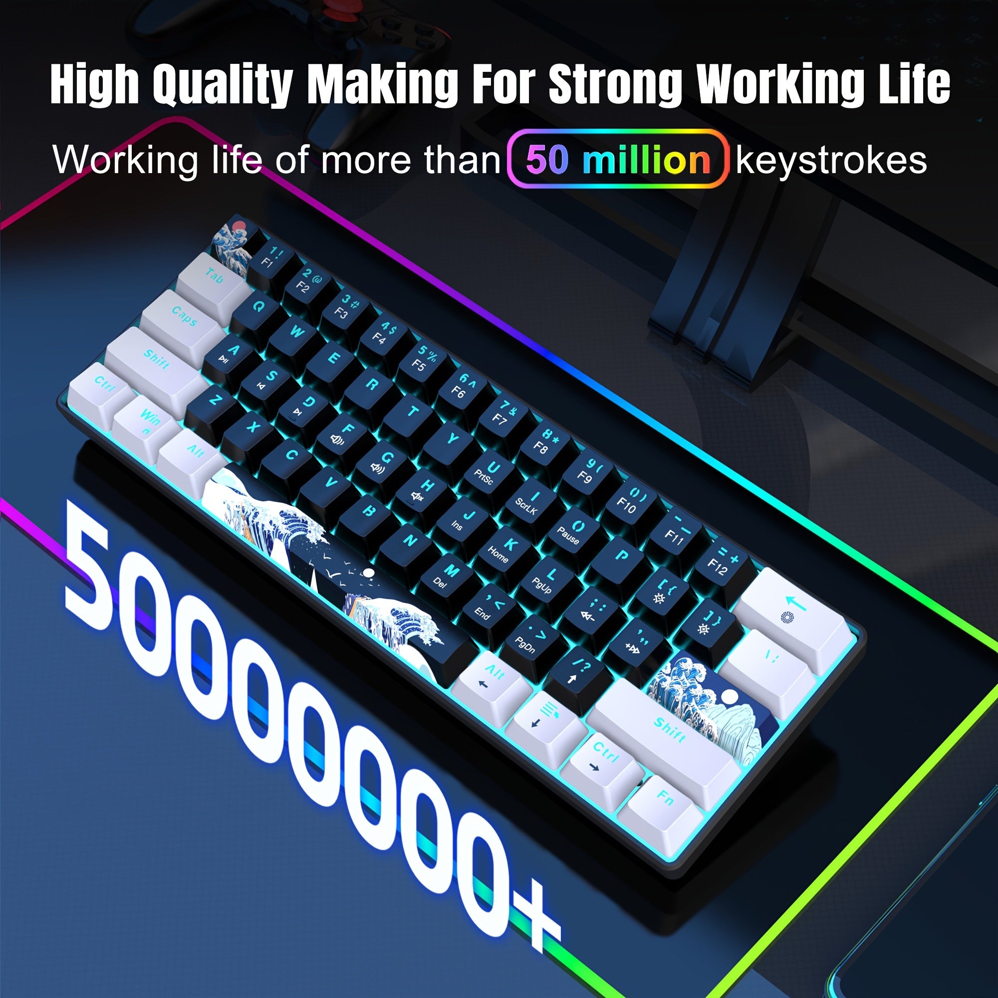 Ergonomic 60% Mechanical Gaming Keyboard Blue Switches Backlit Sea Blue LED USB Powered