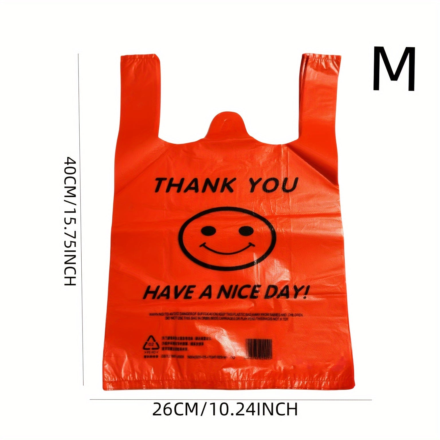 Pack of 50 Red Plastic T-Shirt Bags with Joyful Face Design, Reusable and Strong