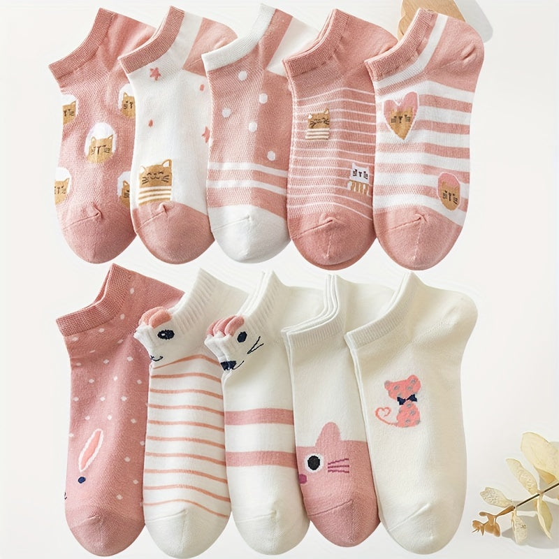Women’s Cat Pattern Sports Socks 10 Pairs Breathable Knit Short Socks