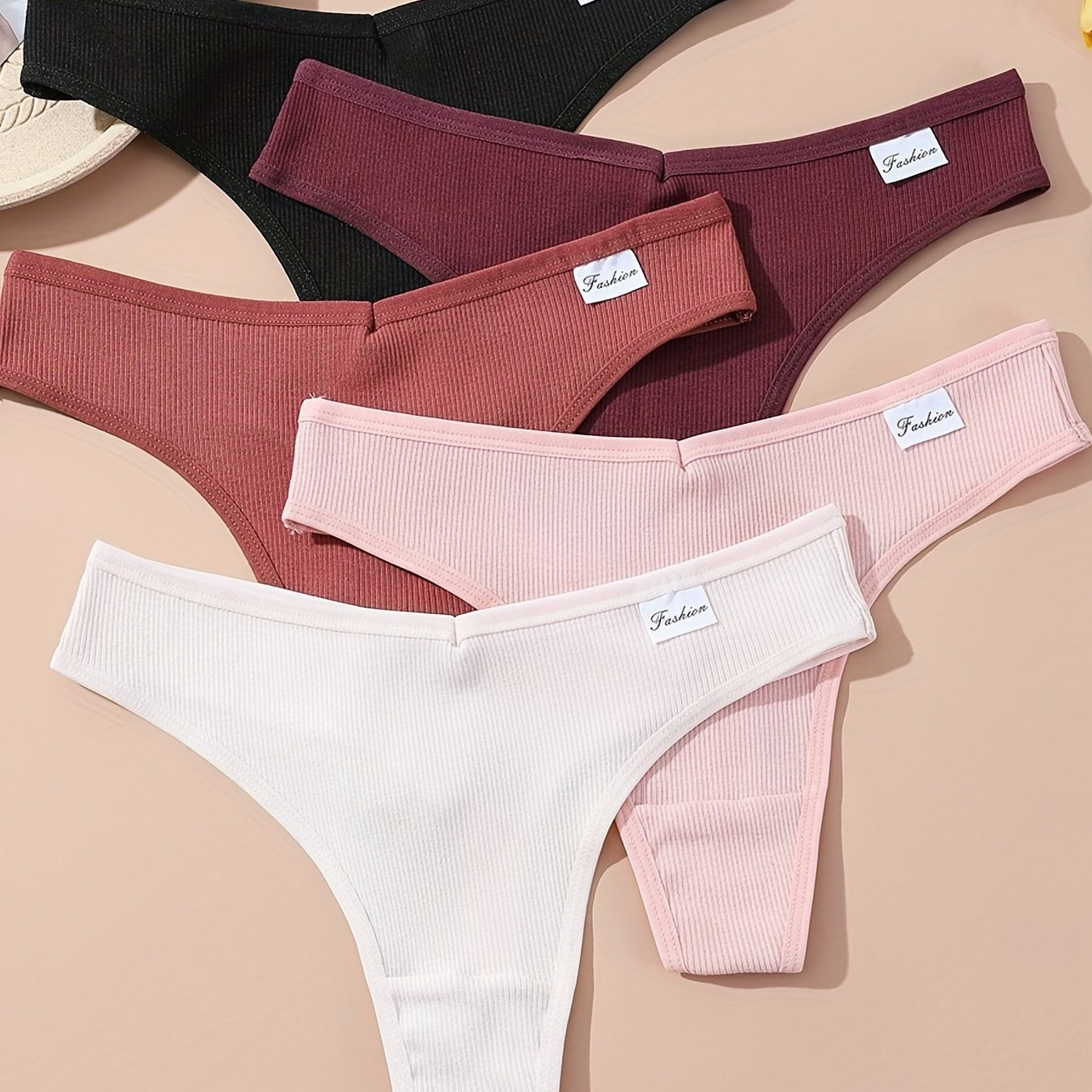 Pack de 5 tangas de cintura baja con costura acanalada para mujer y cómodas bragas sin costuras