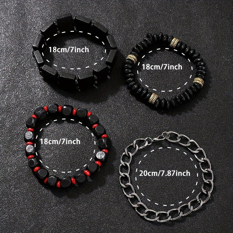 Men's Red Black Quartz Leather Watch and Bead Bracelet Set Gift for Him