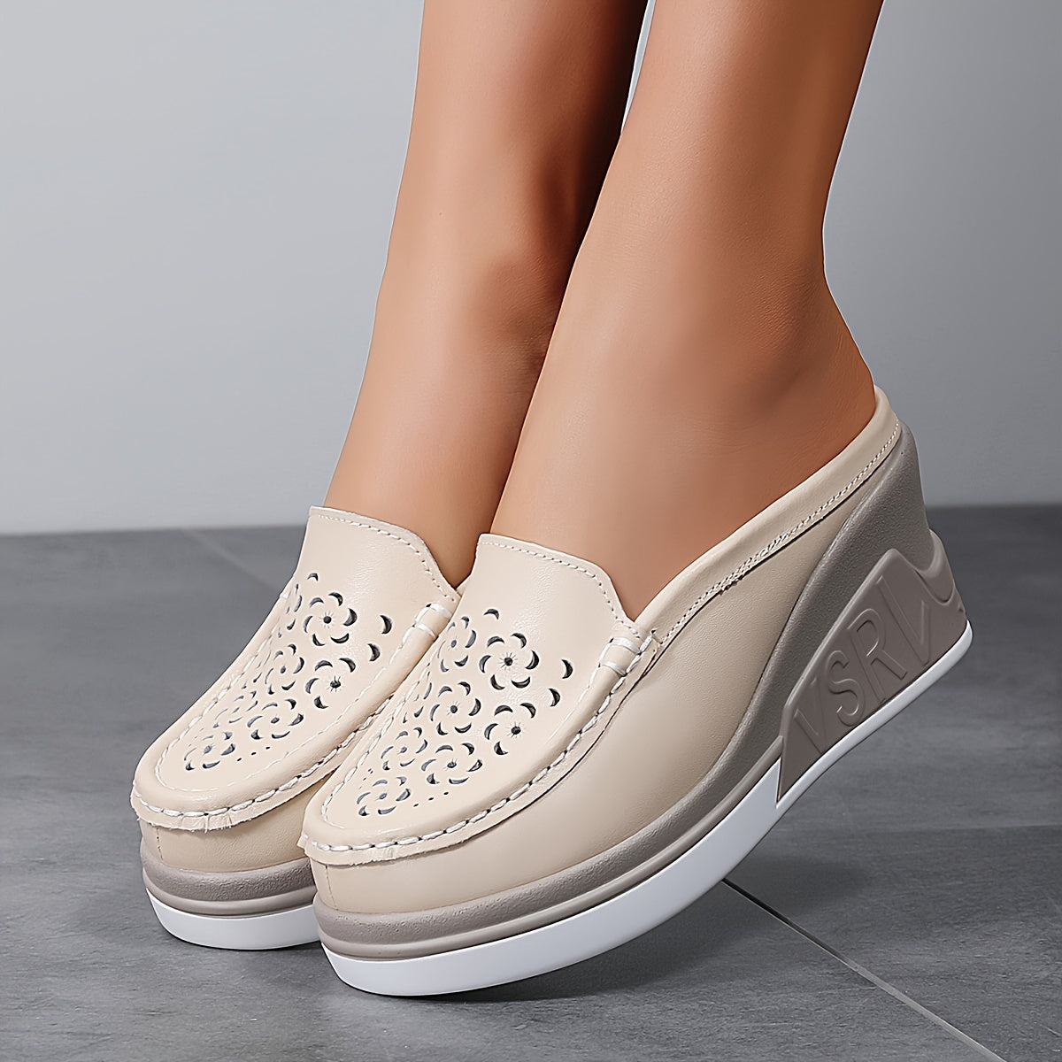 Women's Faux Leather Platform Sandals Slip-On Mules Hollow Out Casual Shoes