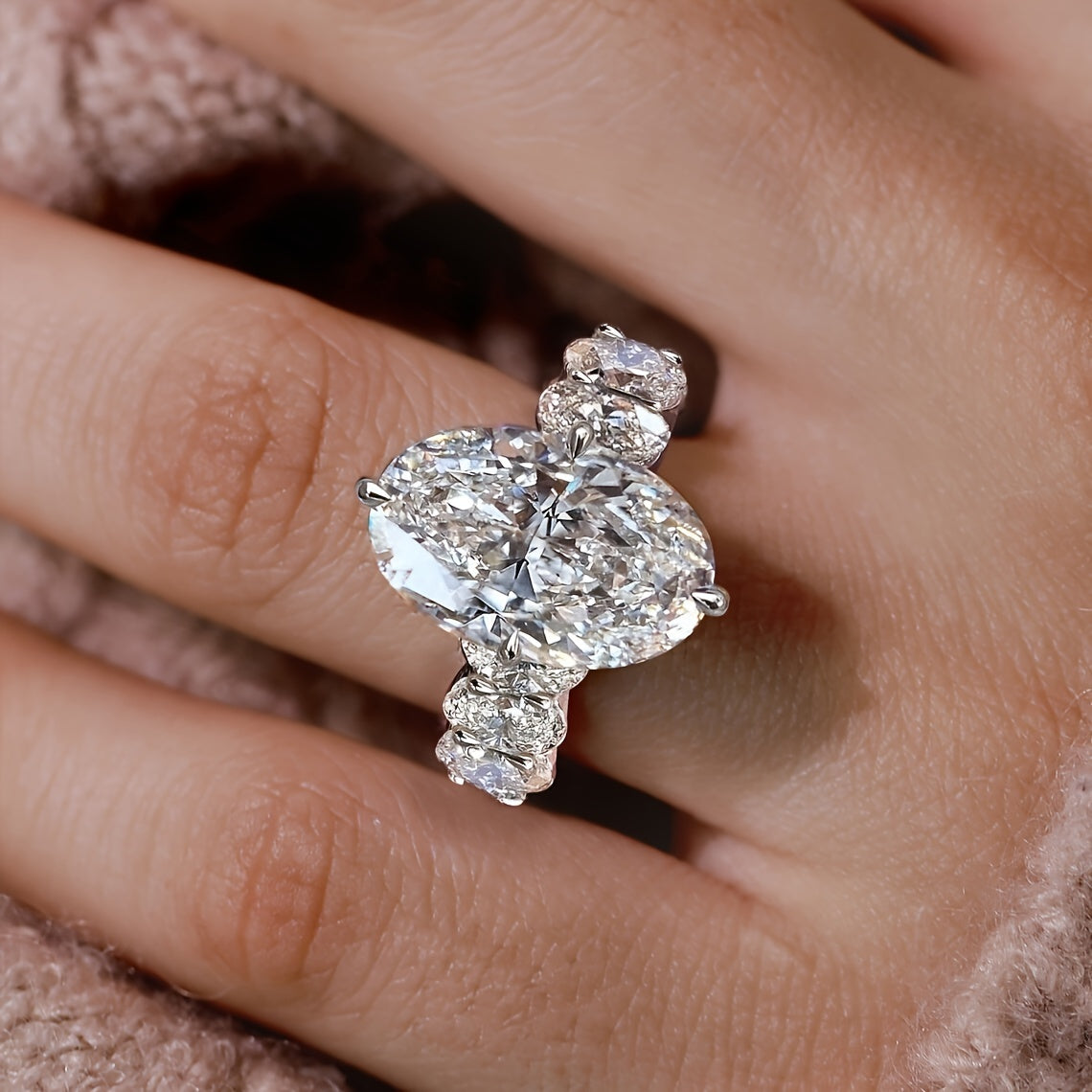 Oval Synthetic Zirconia Engagement Ring for Women Copper White Gold Plated Jewelry