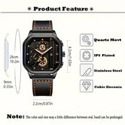 Men's Vintage Square Dial Chronograph Watch with Faux Leather Strap Quartz Movement Calendar