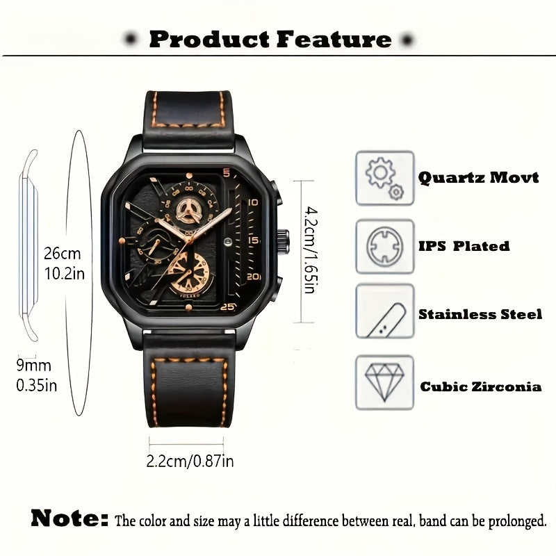 Men's Vintage Square Dial Chronograph Watch with Faux Leather Strap Quartz Movement Calendar