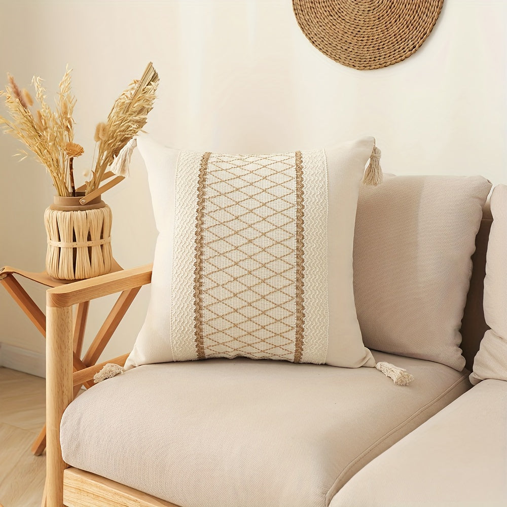 Bohemian Fringe Pillow Cover Geometric Pattern Orange Beige White Cushion Case for Sofa Decor