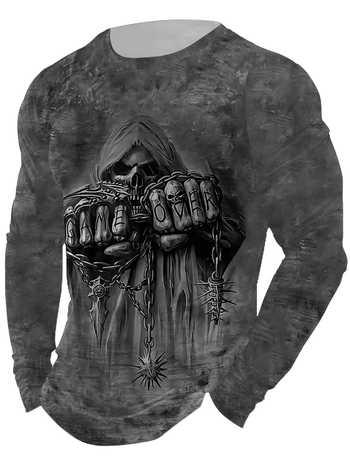 Men's Long Sleeve Polyester Gothic "Game Over" Knuckle Print Crew Neck T-Shirt