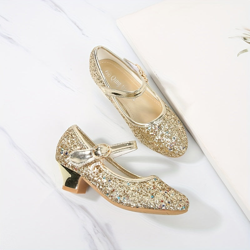 Girls' Crystal High-Heeled Shoes with Glitter and Sequins for Weddings and Parties