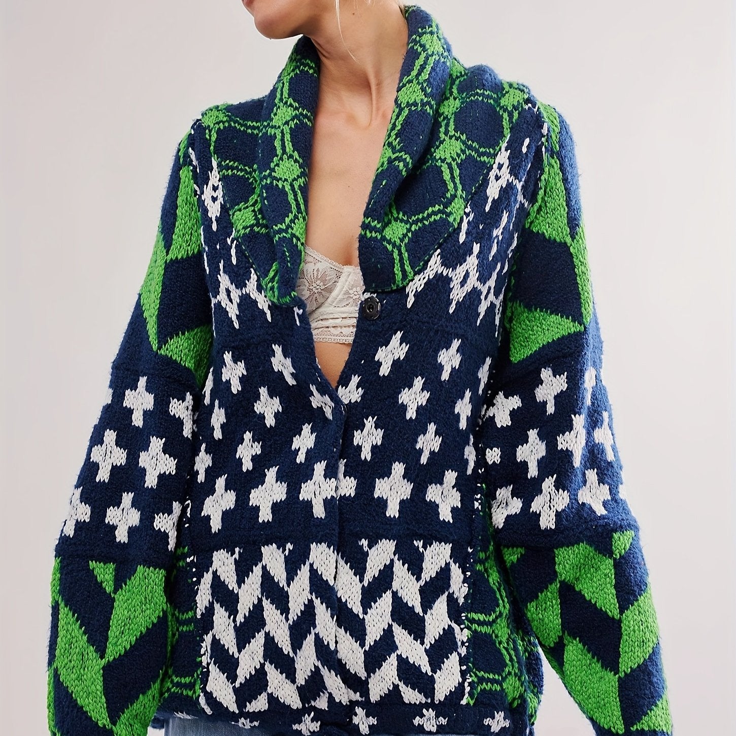 Plus Size Women's Geometric Pattern Cardigan Long Sleeve Open Front Fall Winter Layering