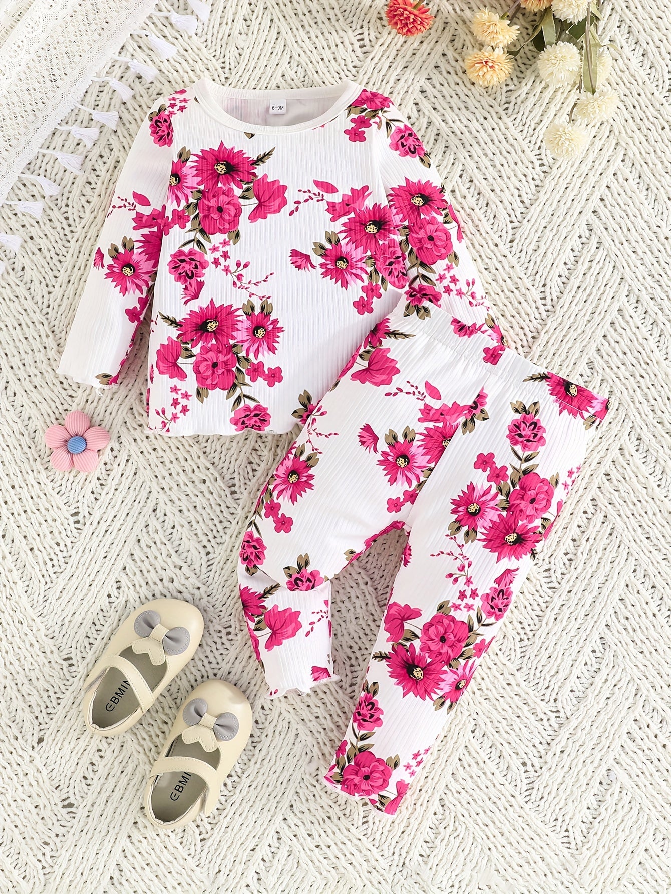 Girls' Outfit Set 4-Piece Pink Long Sleeve Top Floral Pants Polyester Blend Comfortable Outdoor Wear