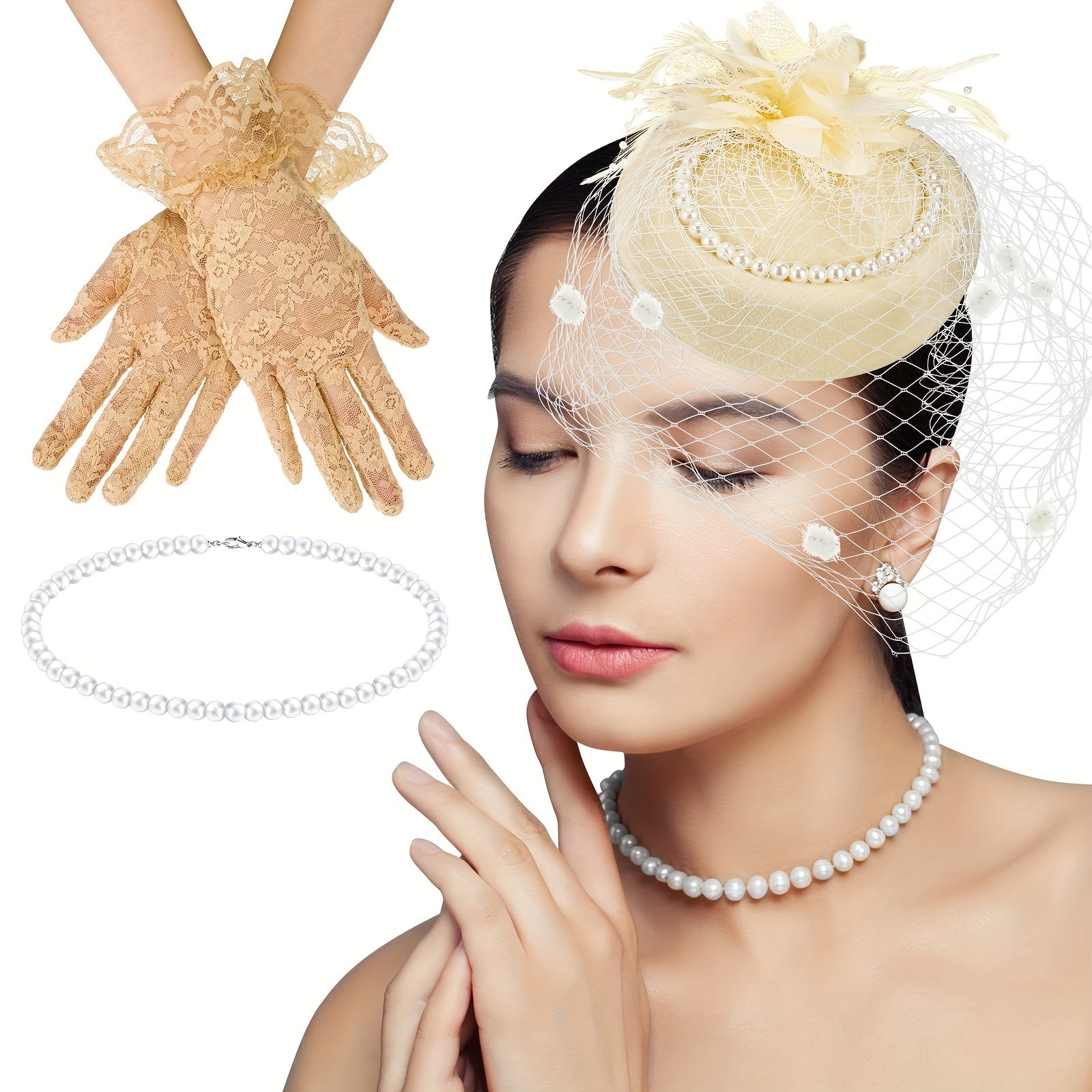 Women's Fascinator Hat Set with Veil Feather and Pearl Necklace