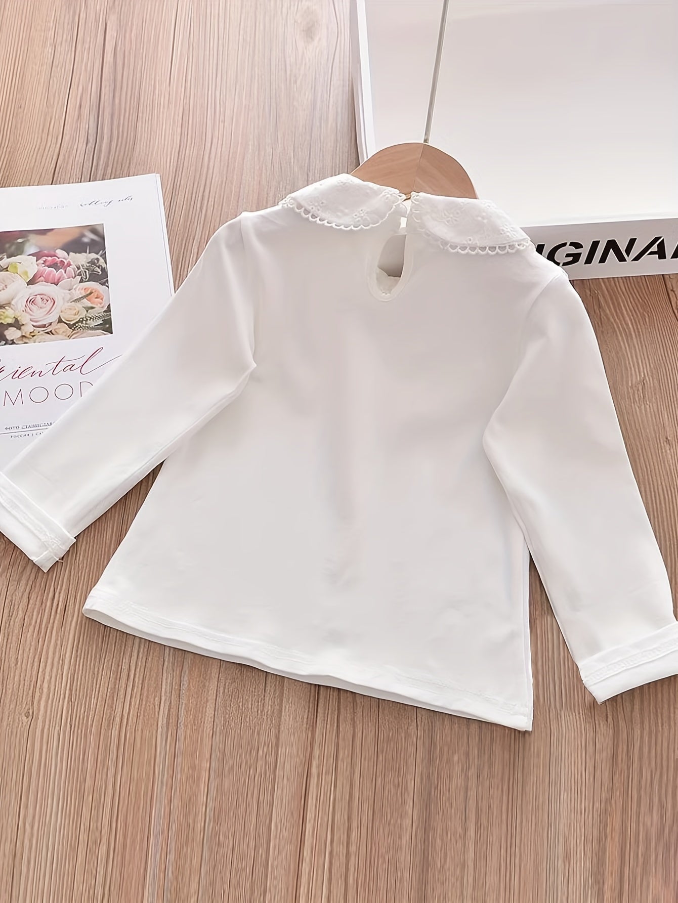 Girls Long Sleeve Cotton T-Shirt with Lace Trim for Spring Fall Casual Wear