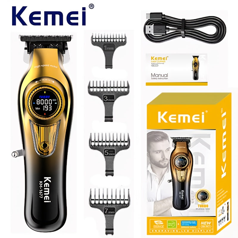 Kemei KM-1677 Профессиональный мужской машинка для стрижки с керамическими лезвиями, мотором 8000 об/мин, USB-зарядкой, регулируемой длиной, цифровым дисплеем, золотой и черной — идеально подходит для точных стрижек &