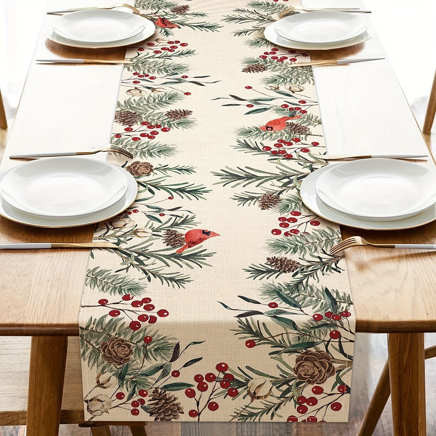 Winter Themed Table Runner with Pine Needle Branches Berries and Cardinal Red Birds