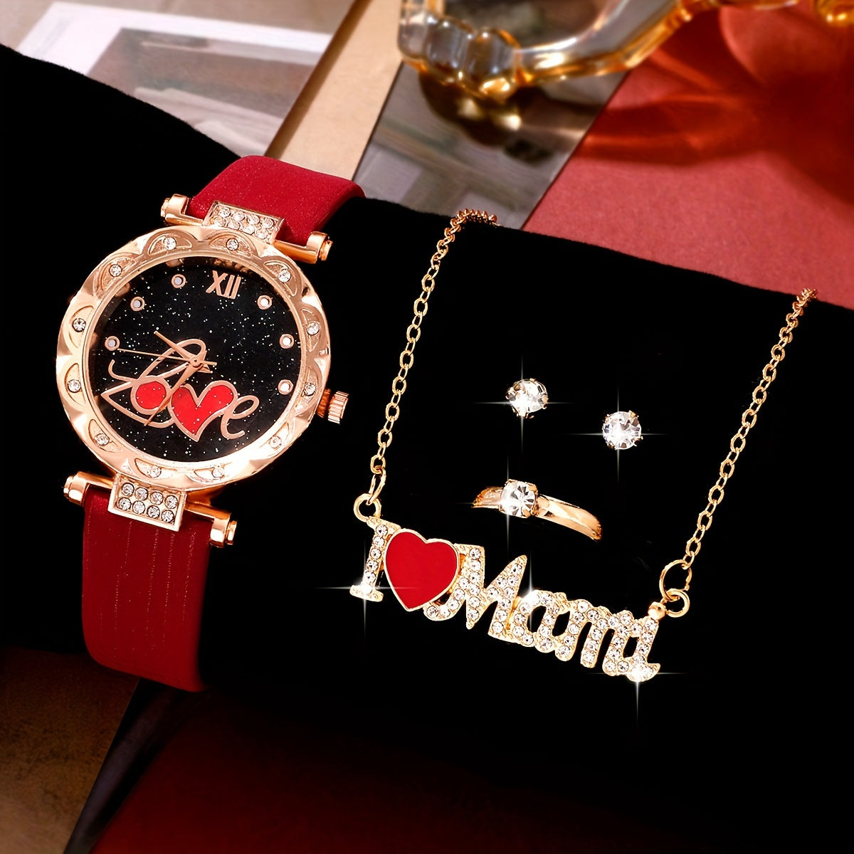 Women's Watch and Jewelry Set for Mother's Day with Rhinestone Accents