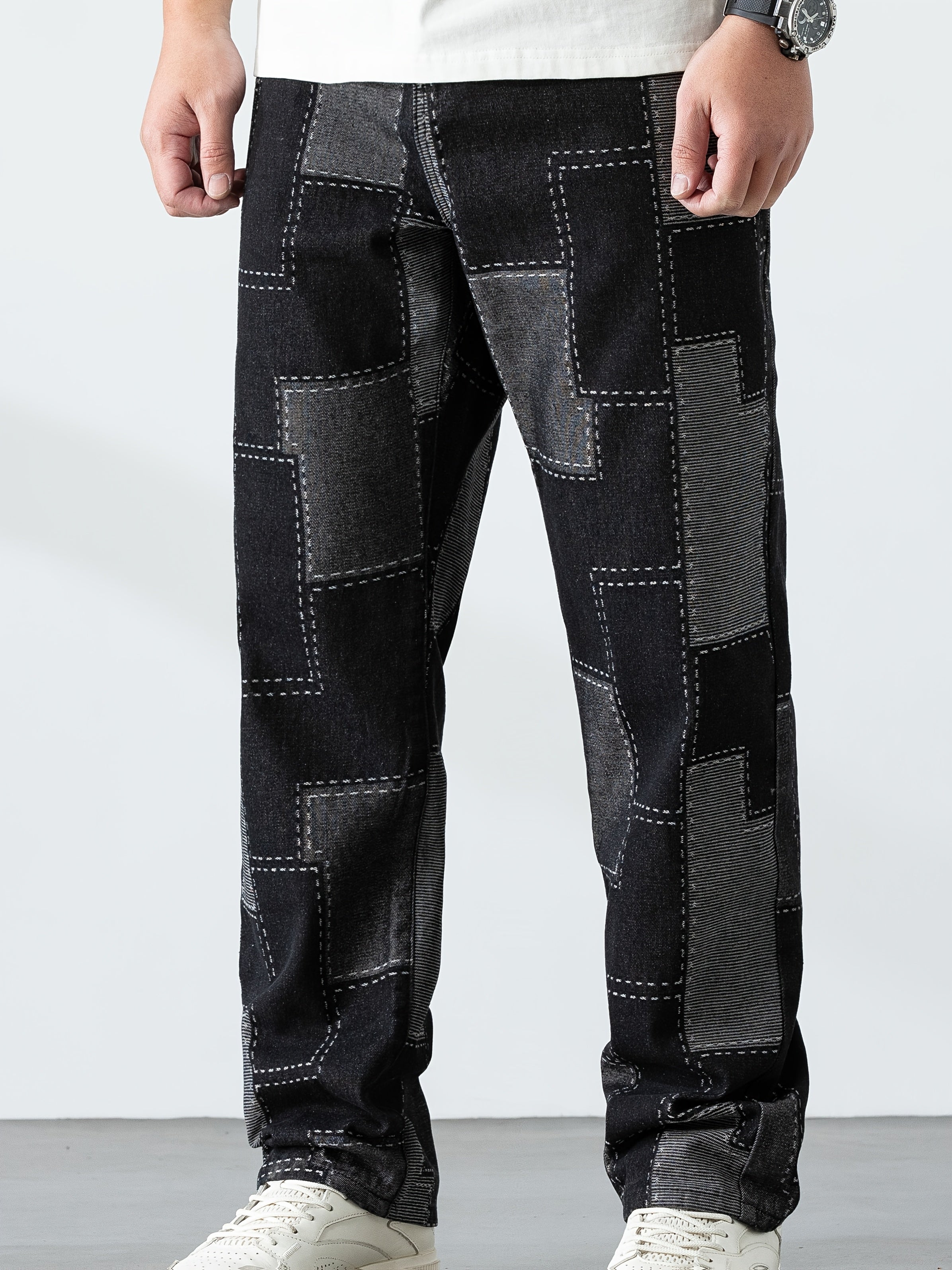 Мужские повседневные джинсы с клетчатым узором, прямой крой, свободный фасон, для всех сезонов, увеличенный размер