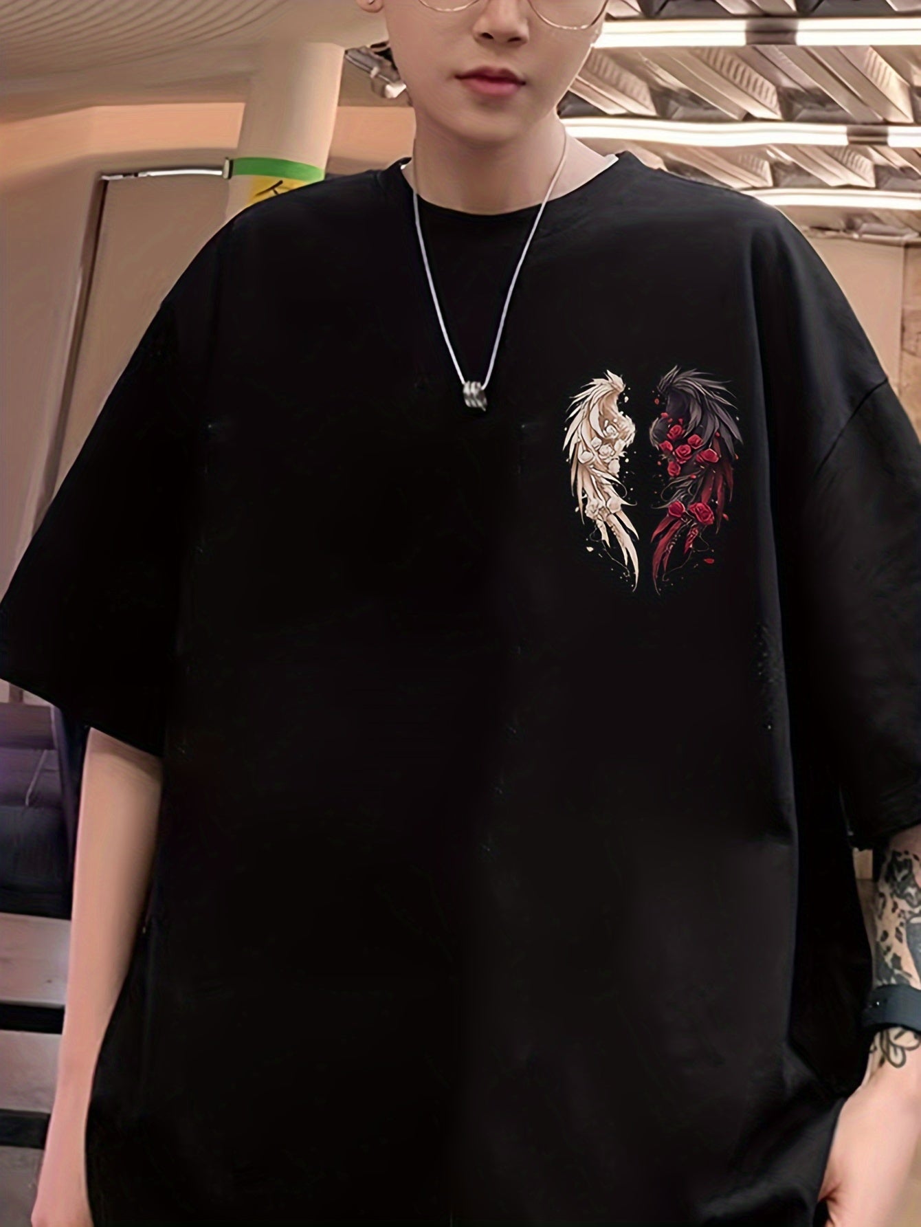 Camiseta de algodón oversize para hombres y mujeres con estampado vintage de rosa y alas para verano casual