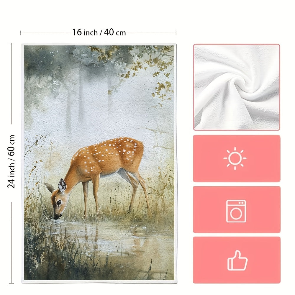 Set of 2 Ultra Soft Kitchen Towels Deer Grazing Scene 40x60cm Absorbent