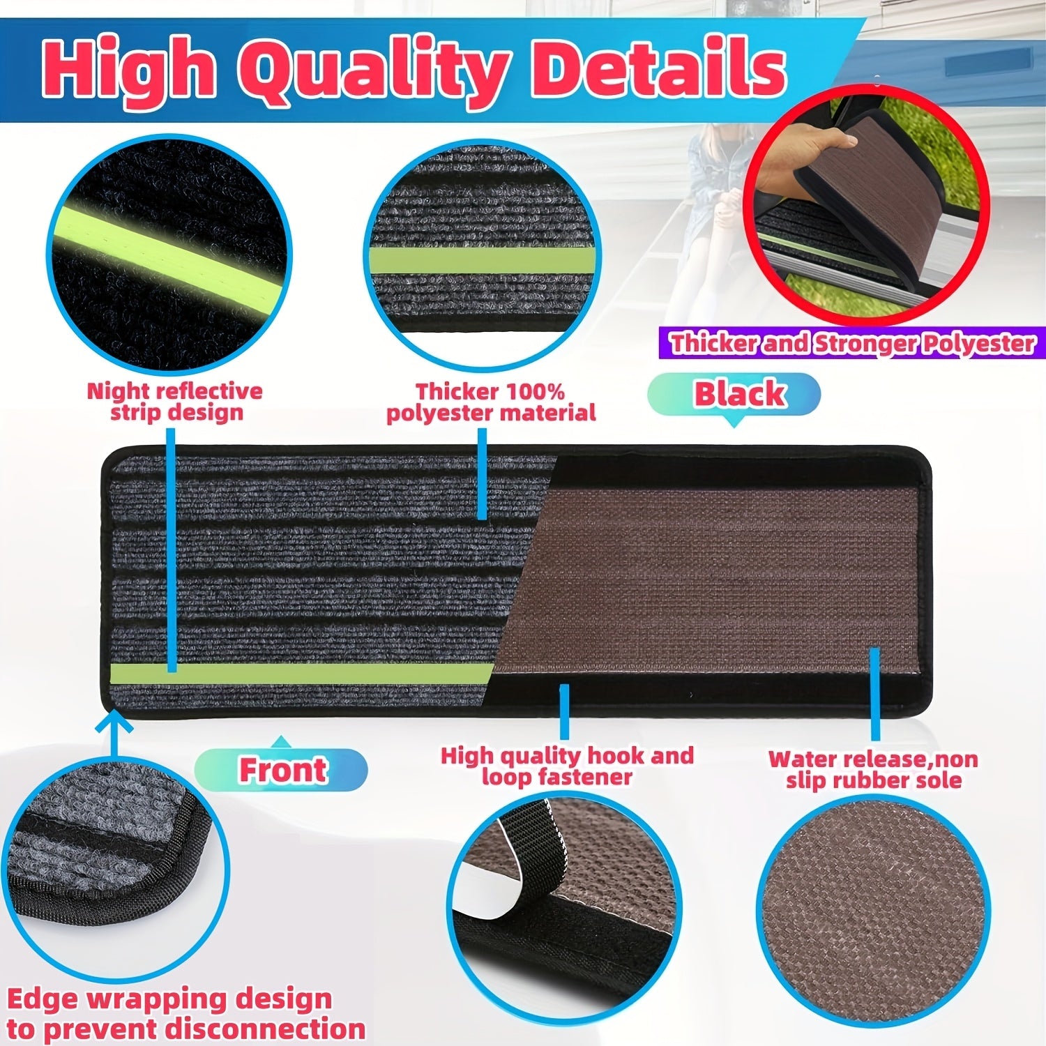 Набор из 3 шт. чехлов для ступенек RV, черный, полиэстер, прочные светоотражающие полосы, кемпинговые аксессуары