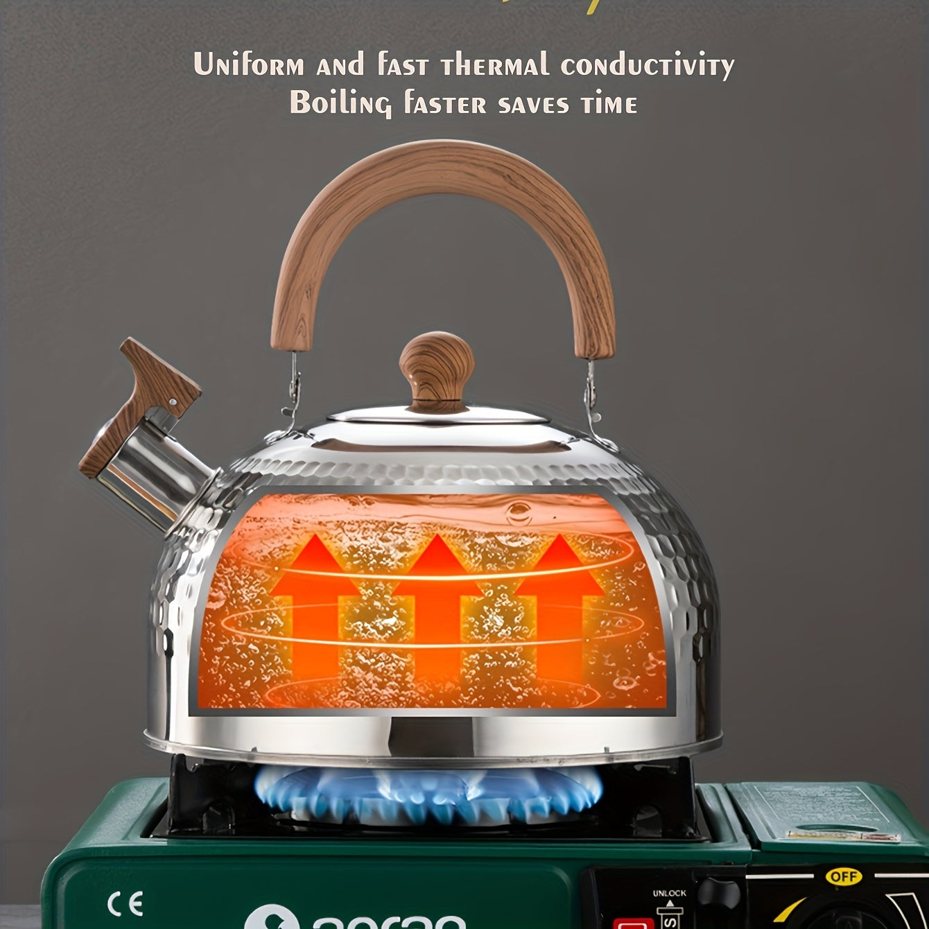 Удобный для использования на открытом воздухе чайник из нержавеющей стали с кованой текстурой и свистящим носиком, идеально подходящий для кипячения воды на заднем дворе для приготовления чая или кофе.