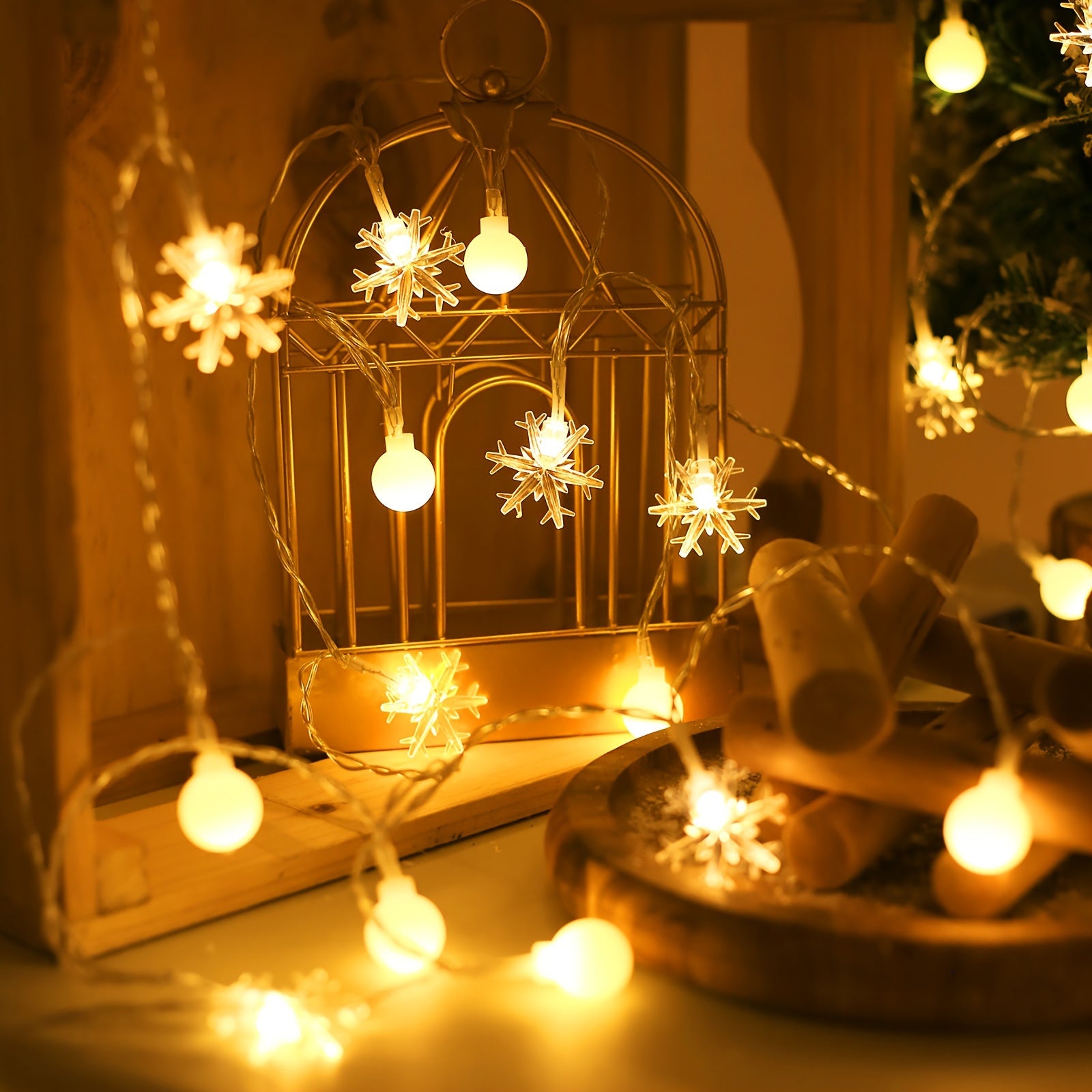 Luces de cadena de bolas blancas de copo de nieve para Navidad, decoración de árbol interior