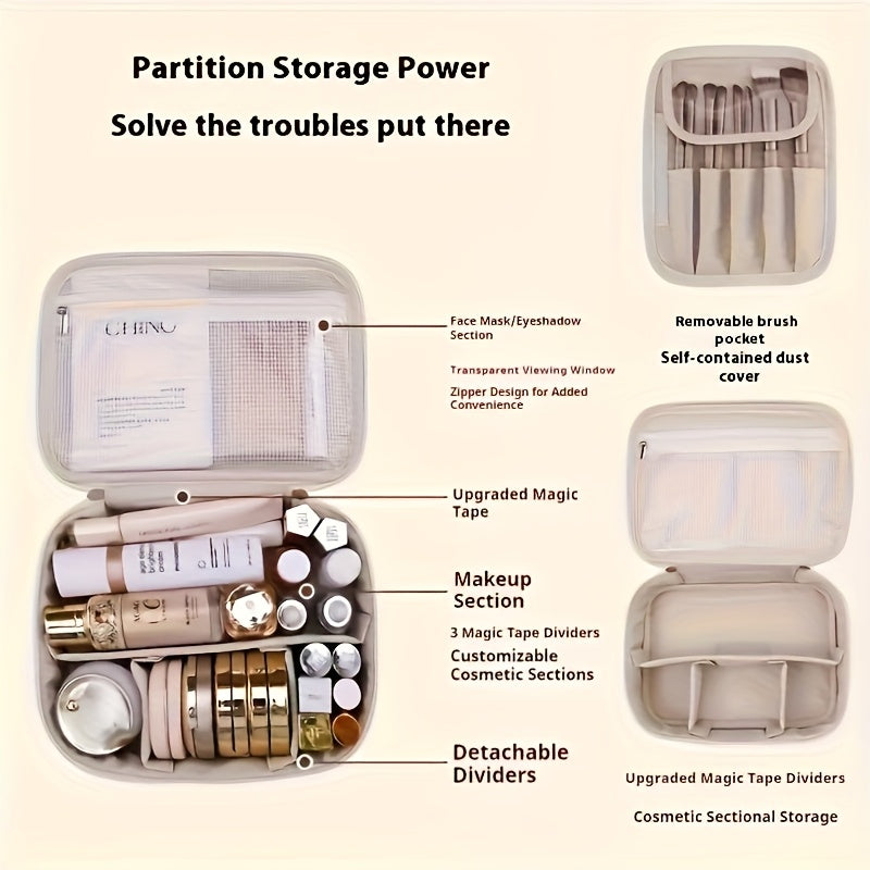 Large Capacity Detachable Makeup Bag Travel Cosmetic Organizer with Brush Holder for Men and Women