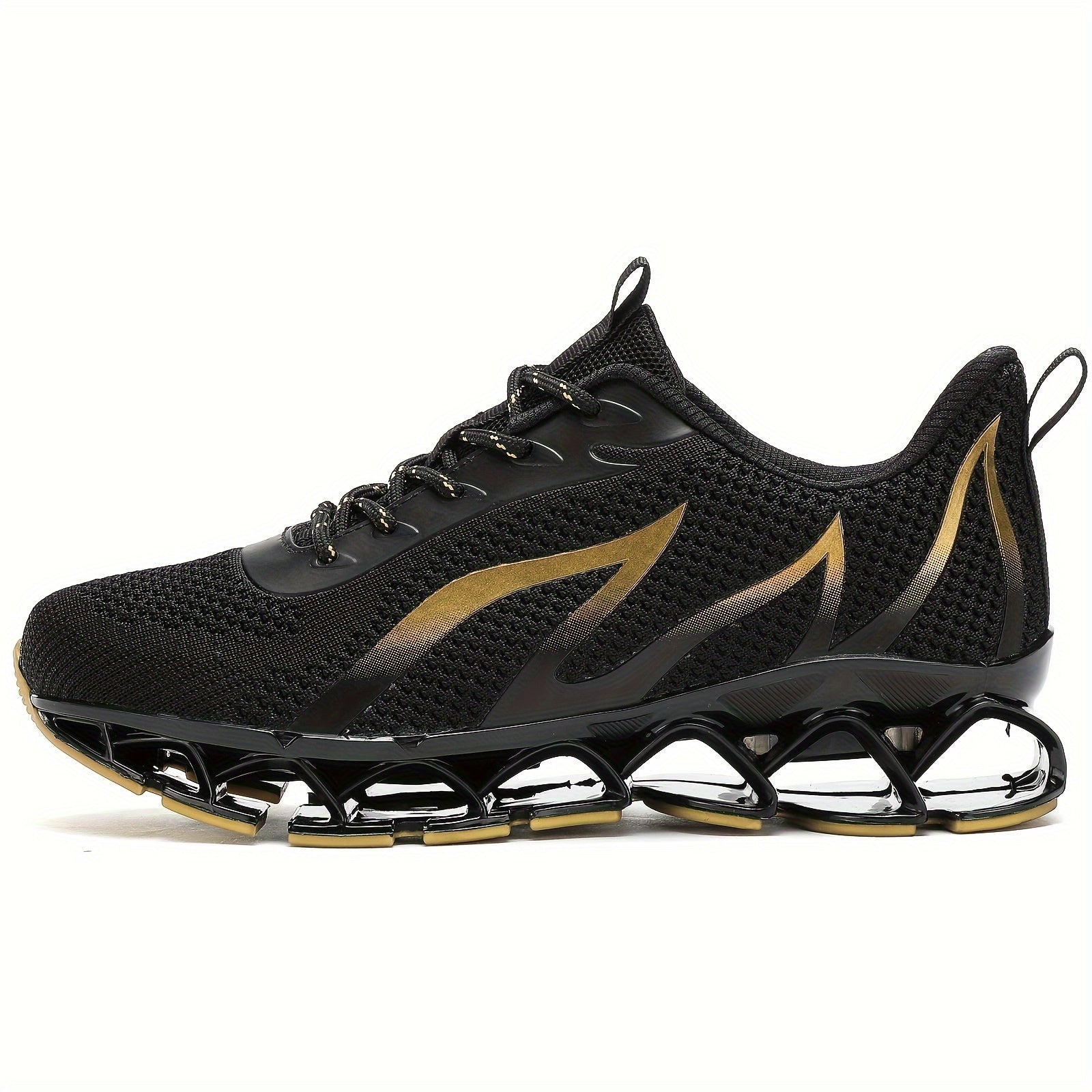 Men's Athletic Sneakers Breathable Mesh Non-Slip Rubber Sole Lace-Up Round Toe All-Season Black and Gold