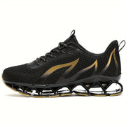 Men's Athletic Sneakers Breathable Mesh Non-Slip Rubber Sole Lace-Up Round Toe All-Season Black and Gold