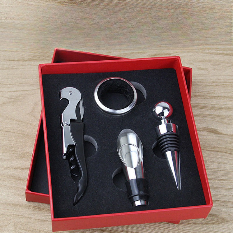 Stainless Steel Wine Opener Set with Corkscrew, Pourer, Stopper and Knife