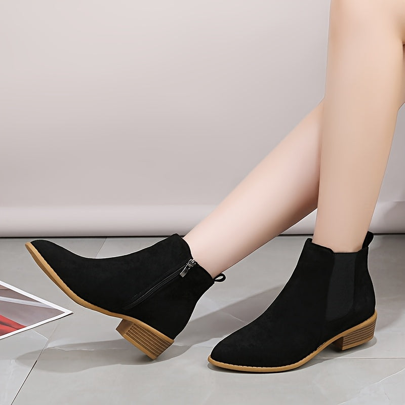 Women's Fashion Short Boots Black Leather Slip-On