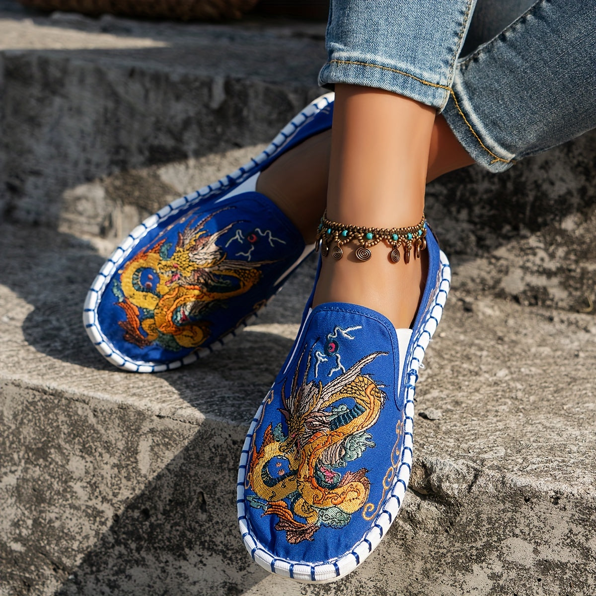 Women's Embroidered Animal Print Slip-On Flats Blue and Gold
