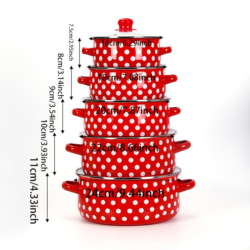 Qizil va oq emal idishlar to'plami, polka nuqtalari dizayni bilan - oshpazlik va ovqatlanish joyi uchun ideal