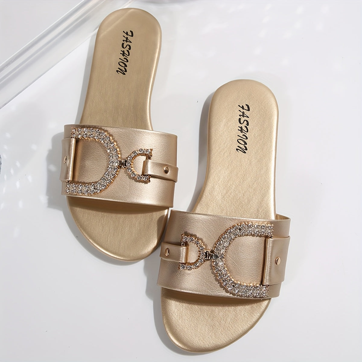 Женские черные блестящие с rhinestones шлепанцы на плоской подошве с открытым носком летняя обувь