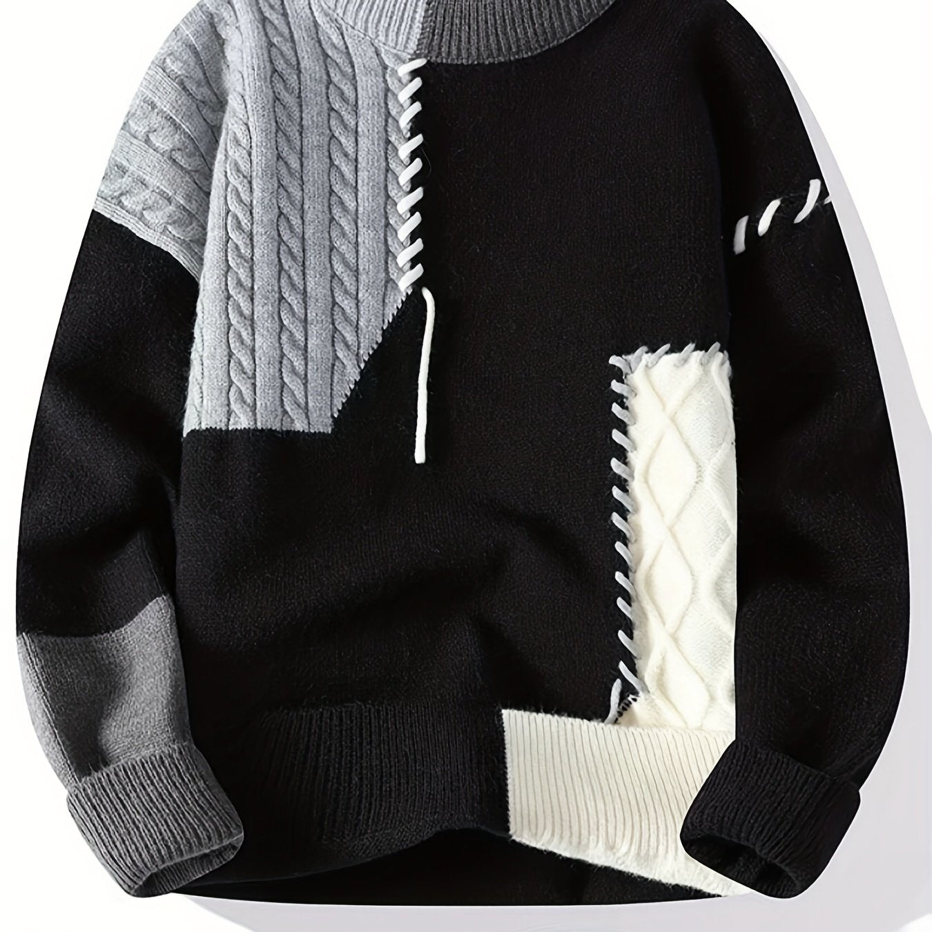 Men's Color-Block Cable Knit Sweater Long Sleeve Casual Autumn Winter