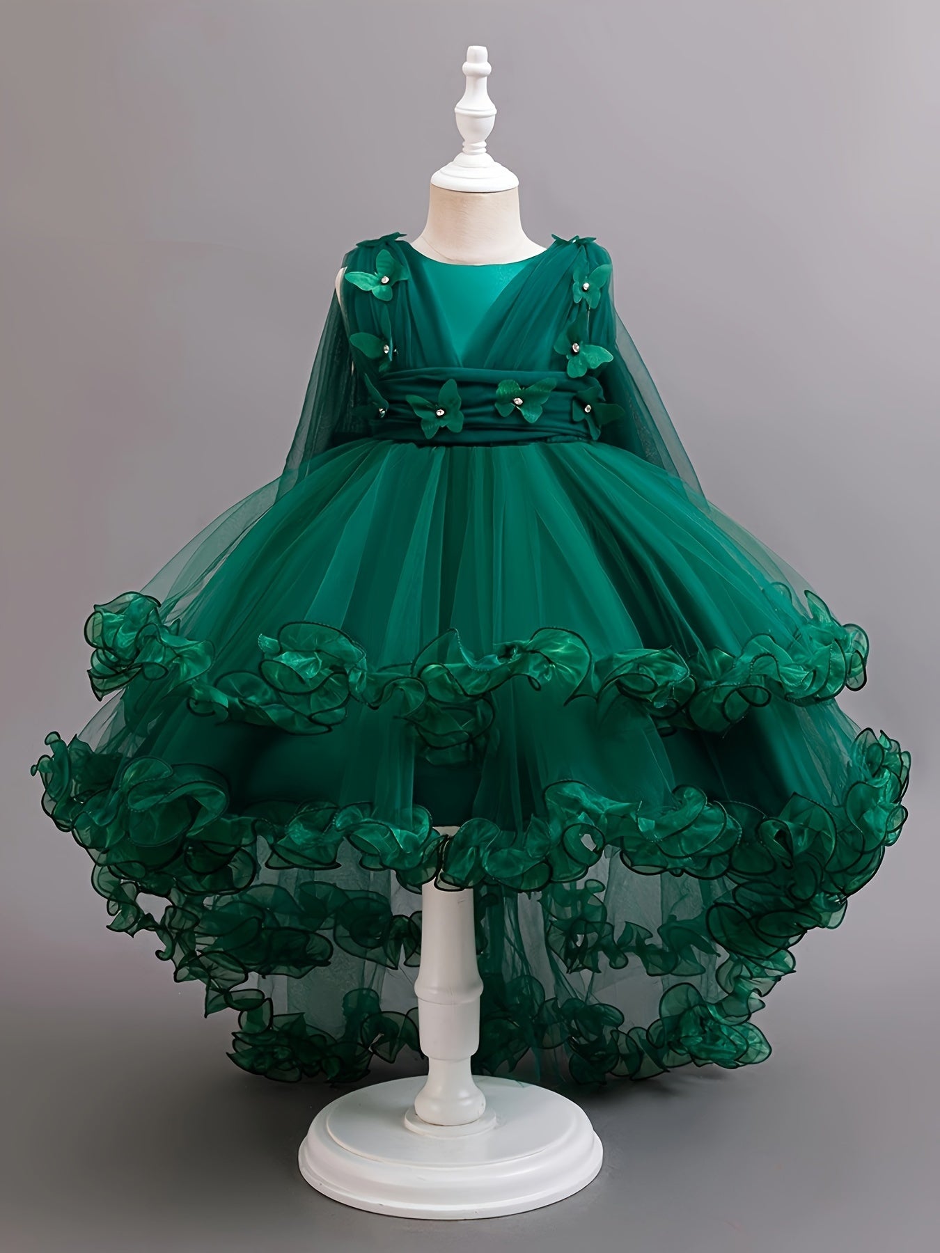 Girls Sleeveless Tulle Evening Dress with Train for Parties and Performances