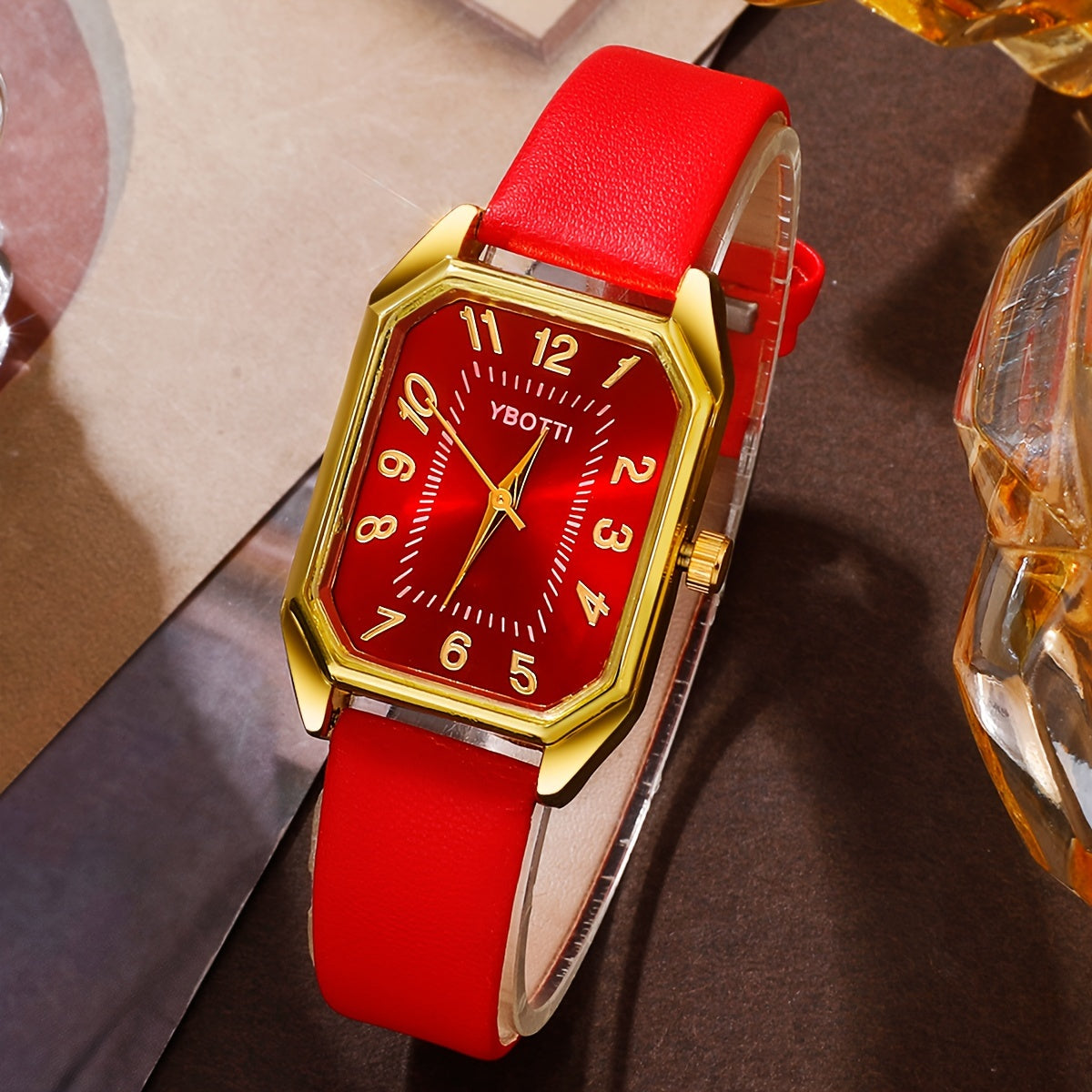 Women's Quartz Watch and Jewelry Set with Rhinestone Accents Rectangle Case PU Leather Band Analog Display Non-Rechargeable Battery