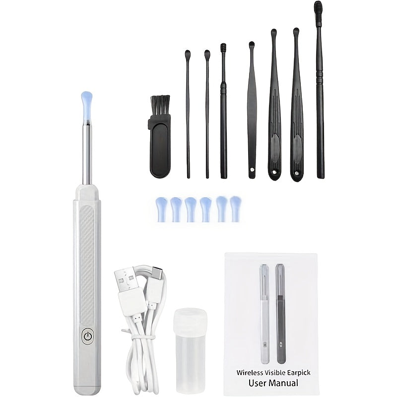 Kamerali yoritilgan quloq qopqog'ini tozalash vositasi, 6 ta silikon quloq qoshiqni o'z ichiga olgan 8 dona to'plam, qayta zaryadlanadigan litiy batareya, USB zaryadlash, 130mAh, zamonaviy quloq qopqog'ini olib tashlash aksessuar.