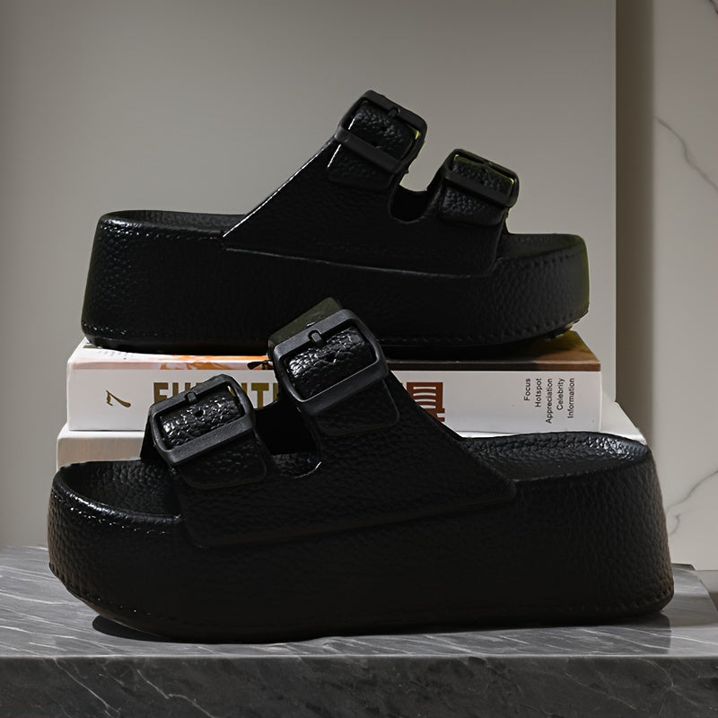 Women's Casual Solid Color EVA Platform Slippers with Buckle Closure Breathable Anti-Slip Super Thick Sole