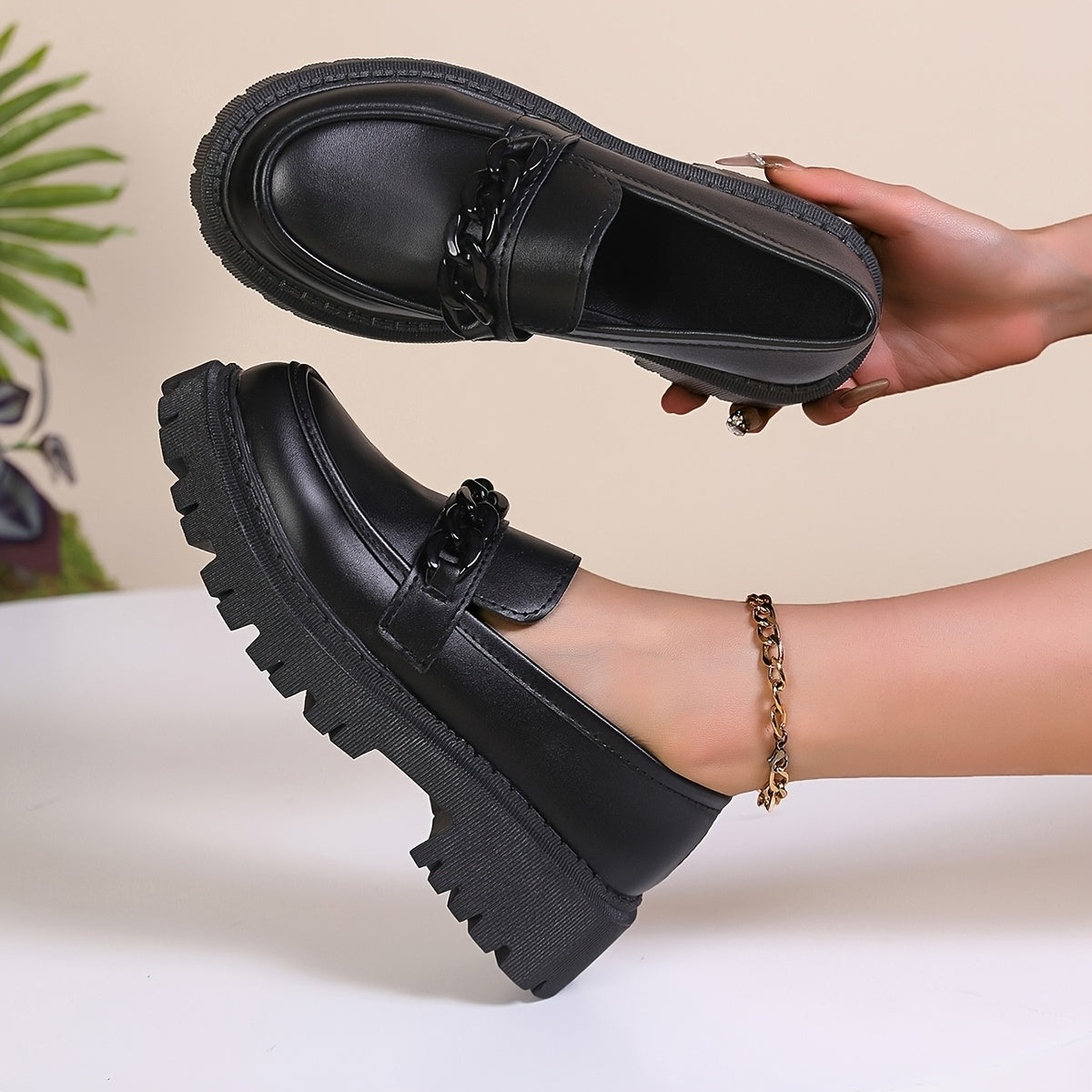 Women's Black Vintage Loafers Platform Block Heel Wide Fit Flats