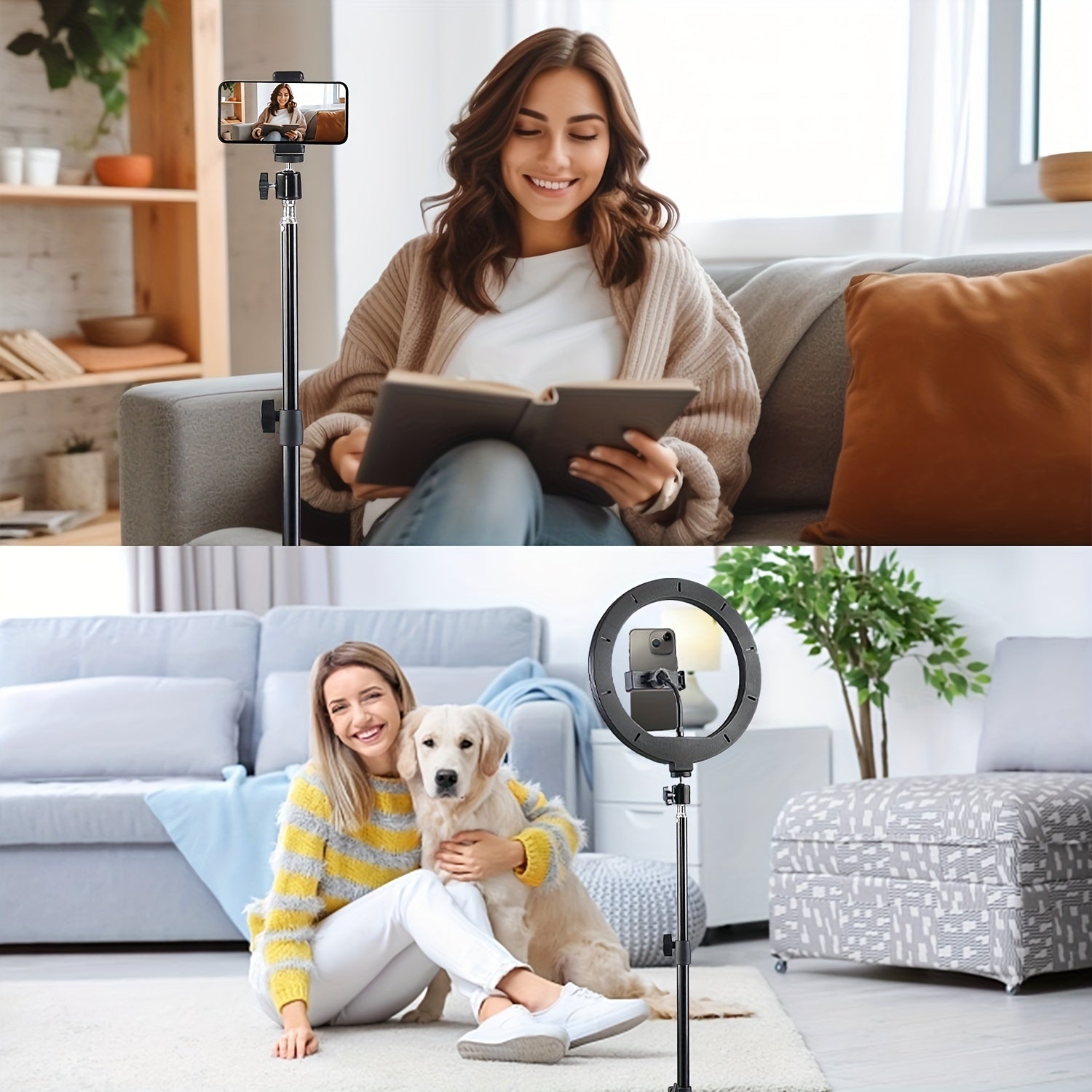 Комплект светодиодного кольцевого светильника для селфи с регулируемым штативом и двойной подставкой для телефона, 3 цветовых режима