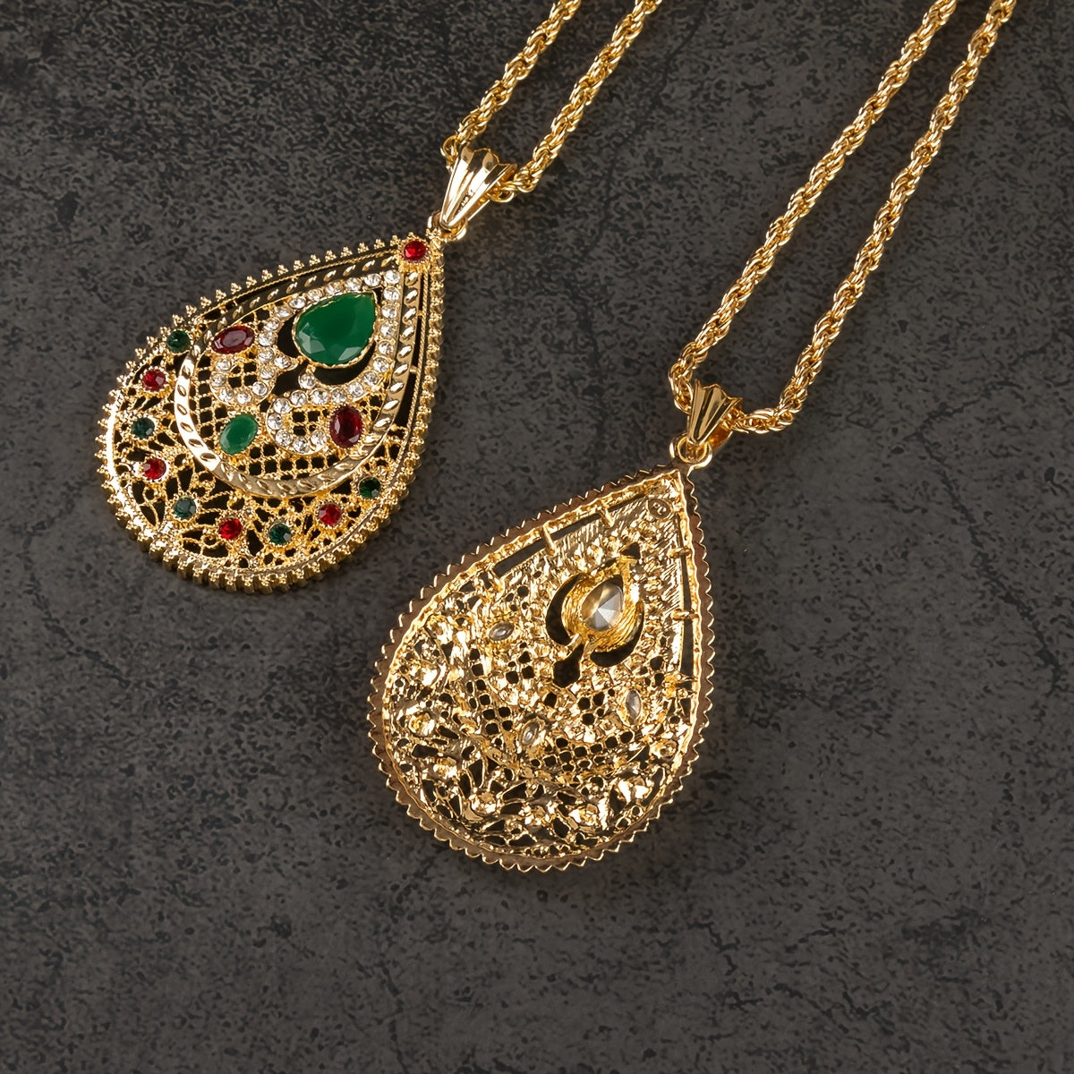 Moroccan Bridal Necklace with Gold-Tone Water Drop Pendant and Floral Engraving 60cm Chain