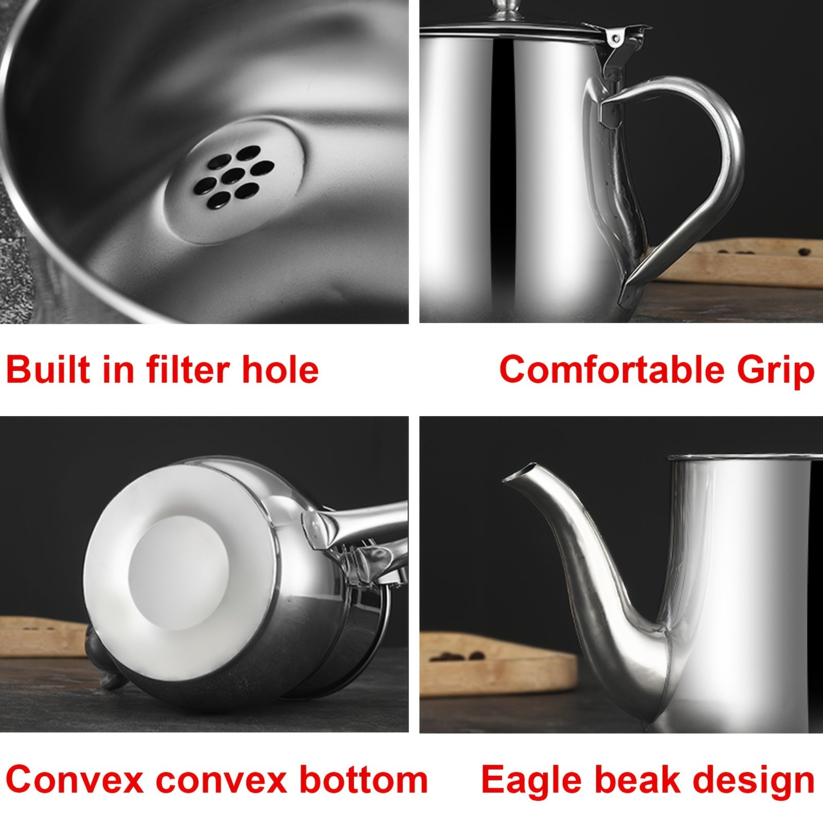 "Silver Stainless Steel Gooseneck Teapot with 48oz Capacity and Integrated Filter, BPA-Free Metal Tea Kettle and Coffee Server, Multi-Purpose Oval Table Serving Pot for Home, Restaurant, Outdoor Use. Dishwasher Safe."