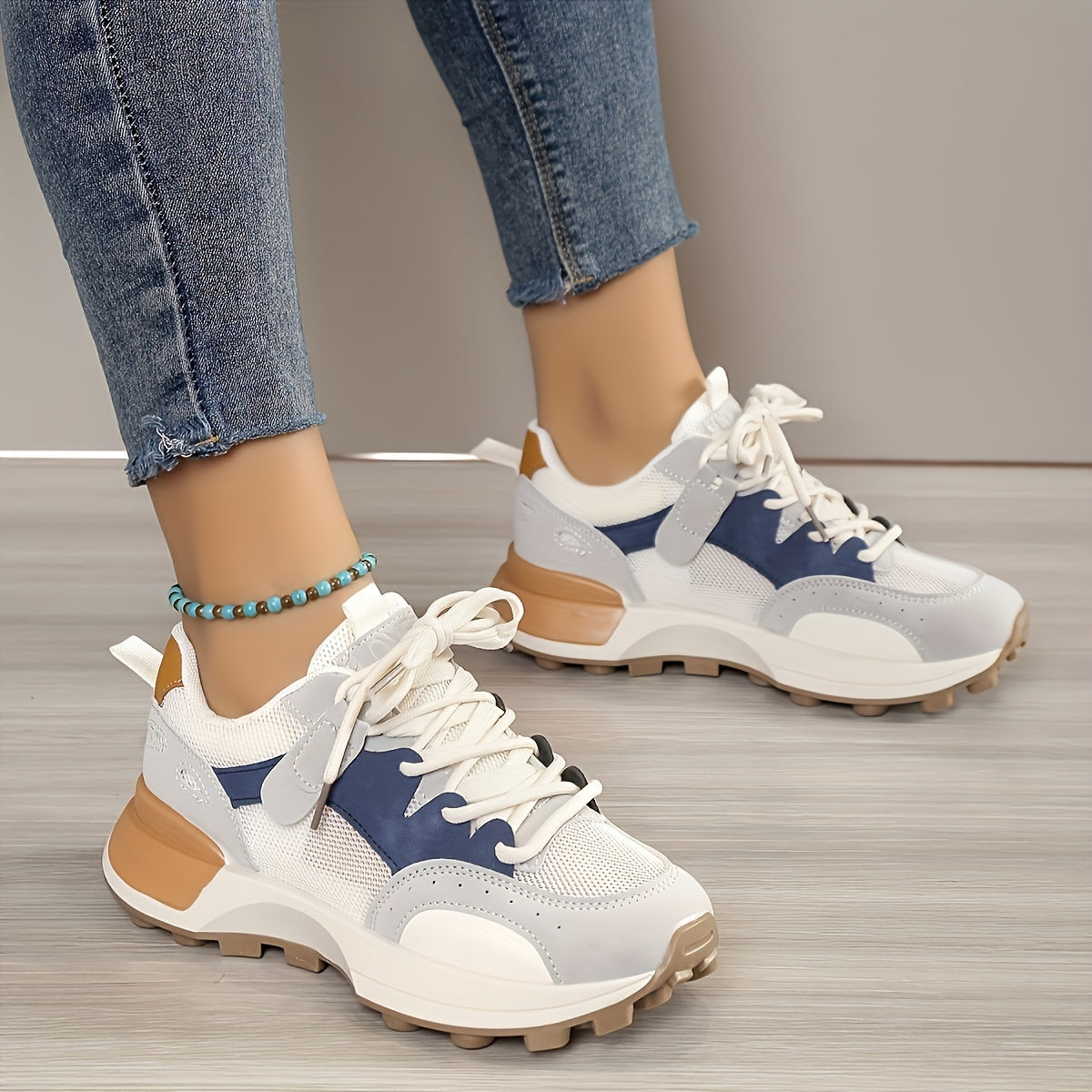 Women’s Colorblock Casual Sneakers, Lace Up Low-Top Breathable Trainers