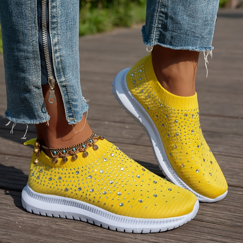 Women's Breathable Slip-On Casual Sneakers with Sparkling Crystal Accents